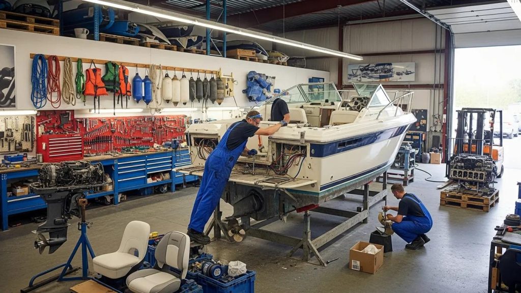 Boat repair shop with technicians working on a boat, highlighting marine service operations