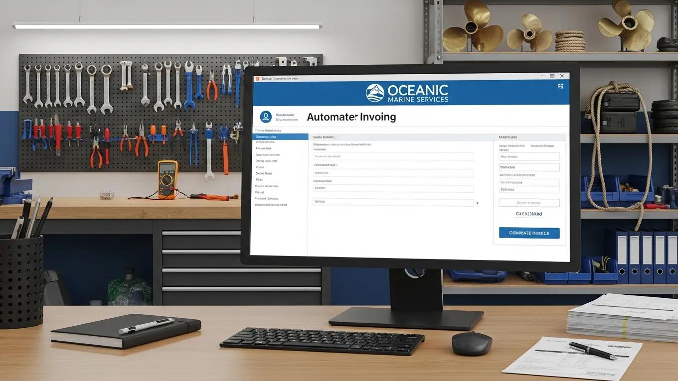 Computer screen showing automated invoicing system in a marine service shop