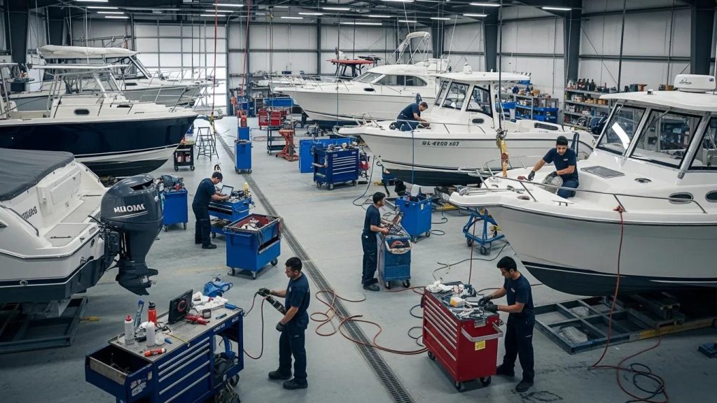 Marine repair shop with technicians working on boats, highlighting labor tracking and efficiency