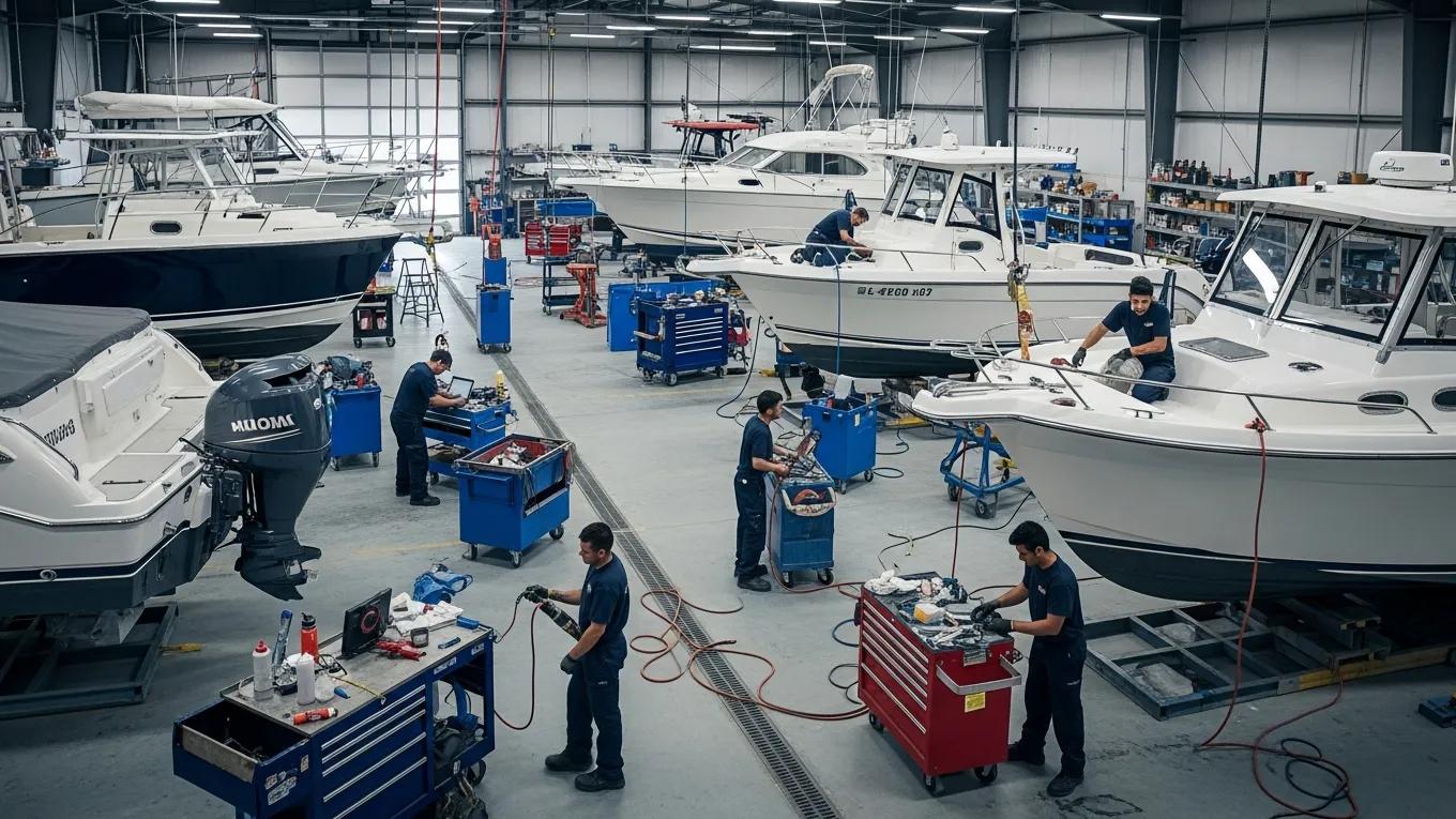 Marine repair shop with technicians working on boats, highlighting labor tracking and efficiency