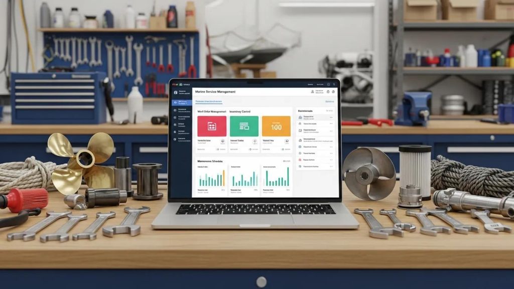 Marine service management software interface on a laptop in a marine workshop