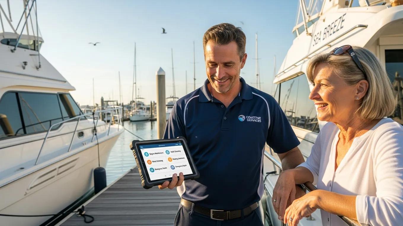 Marine service provider discussing options with a satisfied customer in a marina