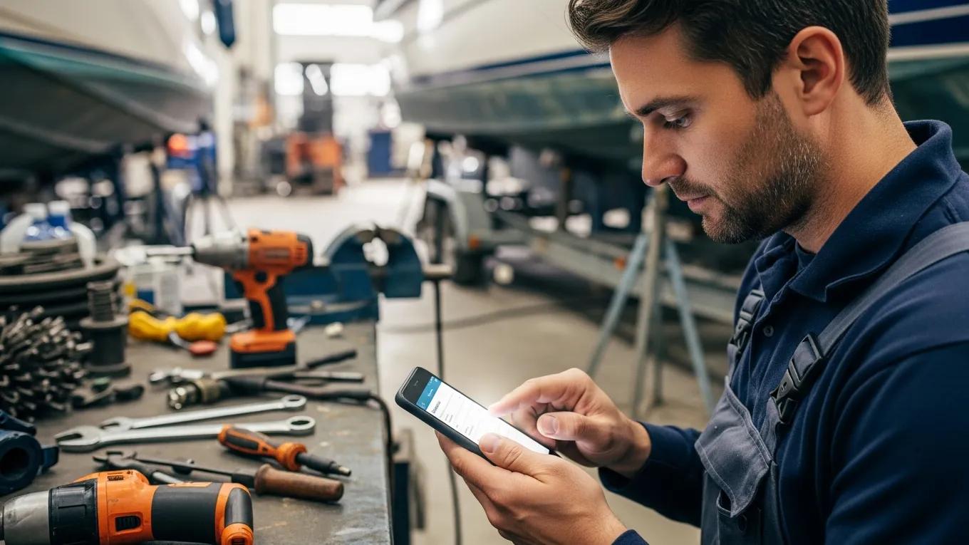 Technician logging labor hours using a mobile app in a marine repair shop