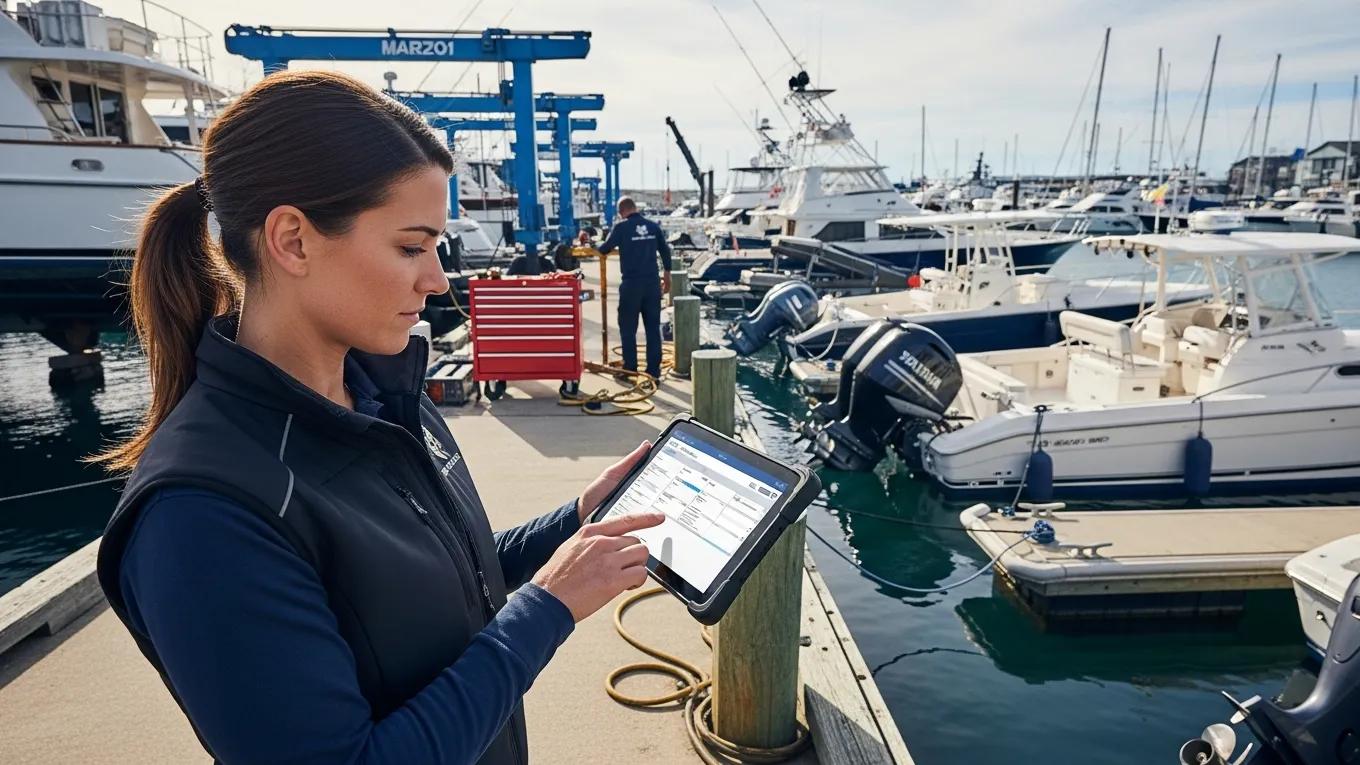 Technician using a tablet for marine service scheduling in a marina
