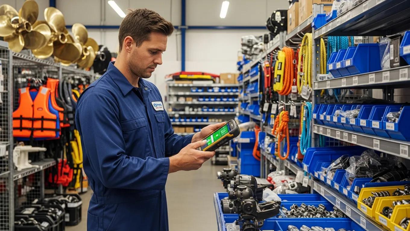 Technician using mobile device for barcode scanning in a marine service shop