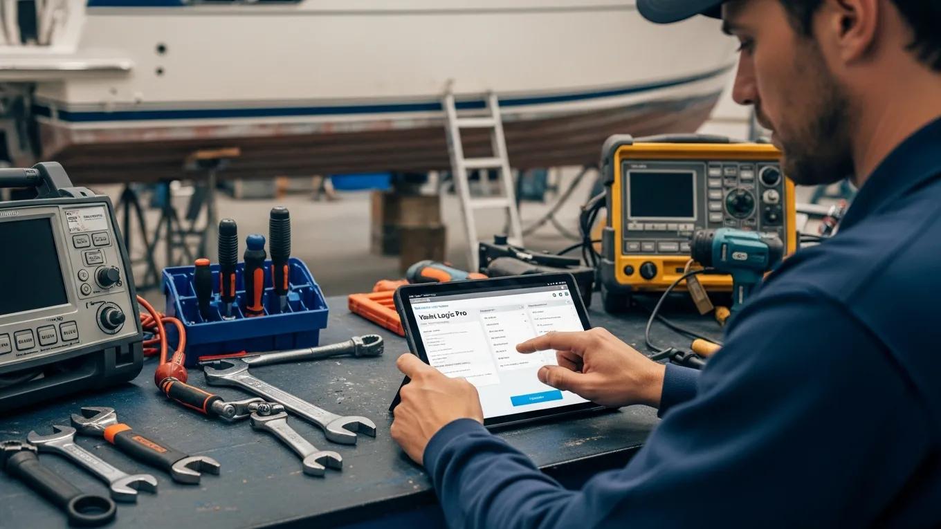 Yacht Logic Pro App | QuickBooks for Boat Repair Shops: Why It’s Not Enough on Its Own Technician using Yacht Logic Pro on a tablet in a boat repair shop, showcasing software efficiency